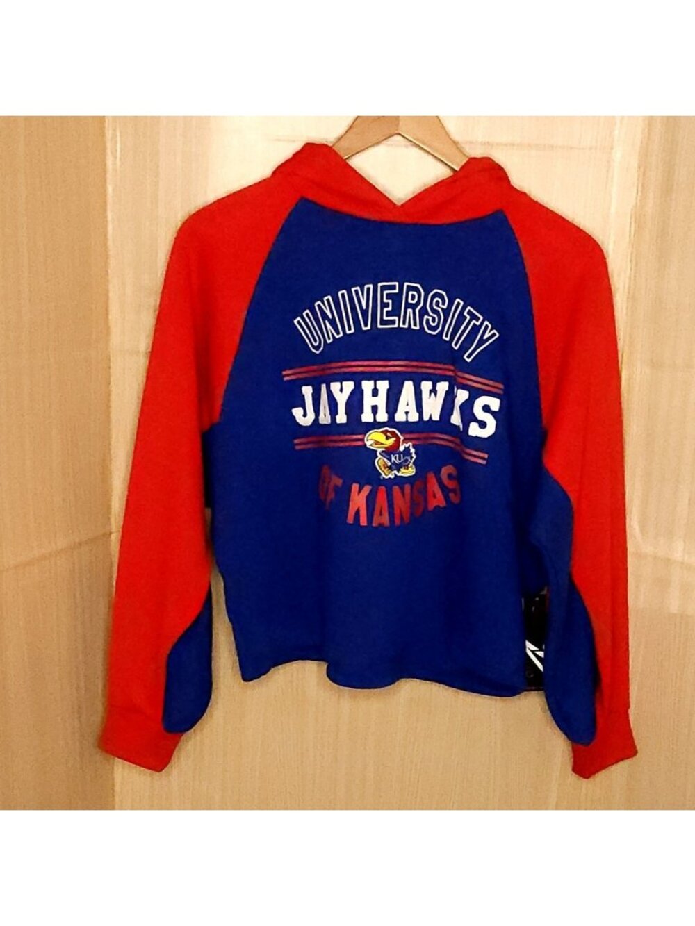 University Of Kansas New Womens Red Blue Cropped Hooded Sweatshirt Large